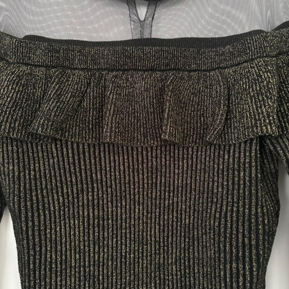 Venus Black Gold Metallic Mesh Ruffle Off Shoulder Long Sleeve Dress XL New Year - Picture 12 of 16